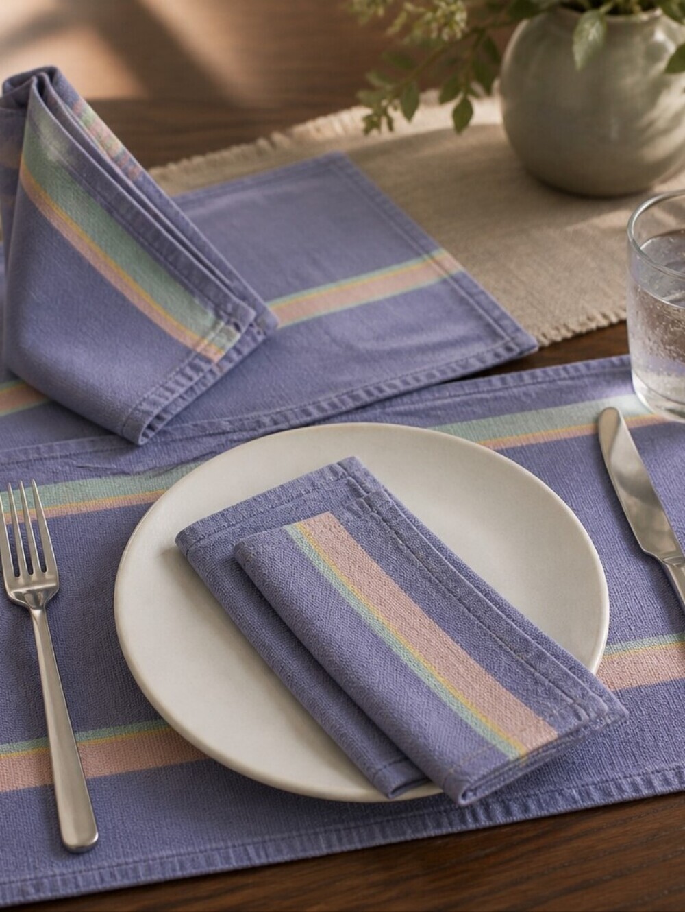 Rare Vintage 80s Purple Multicolor Striped Placemat and Napkin Set for Two 4 pcs
